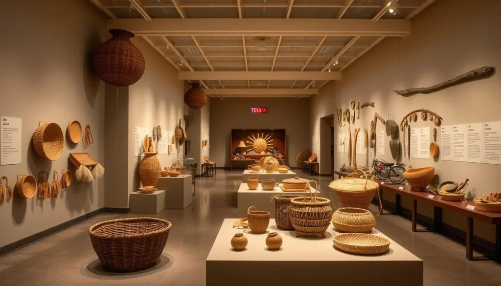 Traditional Tolowa Native American basketry and cultural artifacts display Traditional Tolowa Native American basketry and cultural artifacts display