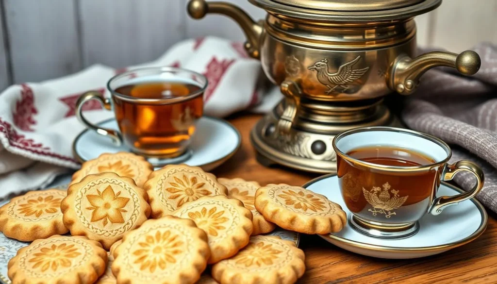 Traditional Tula pryanik (gingerbread) with tea served in a traditional samovar