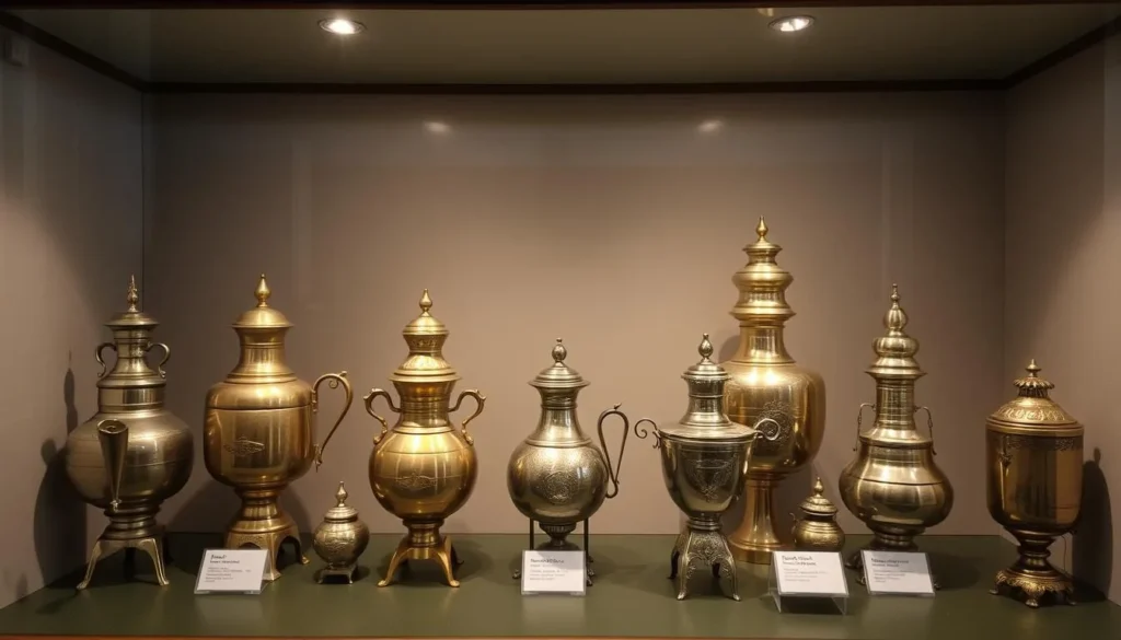 Traditional Tula samovars on display at the Samovar Museum