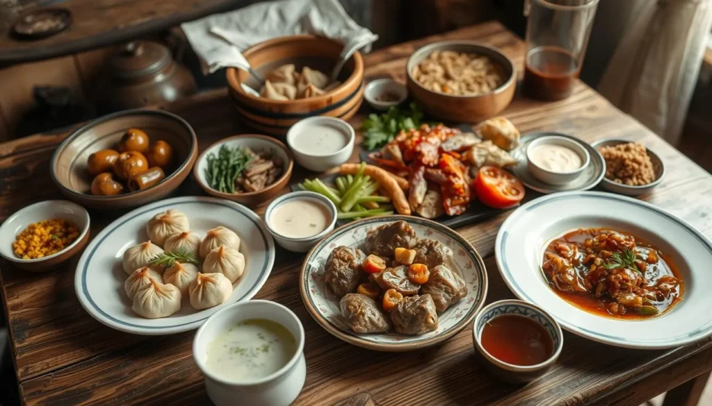 Traditional Tuvan cuisine featuring meat dishes and dairy products Traditional Tuvan cuisine featuring meat dishes and dairy products
