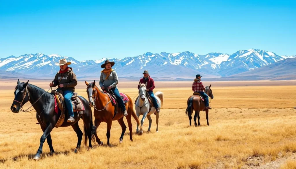 Traditional Tuvan horseback riding across the steppe landscape Traditional Tuvan horseback riding across the steppe landscape