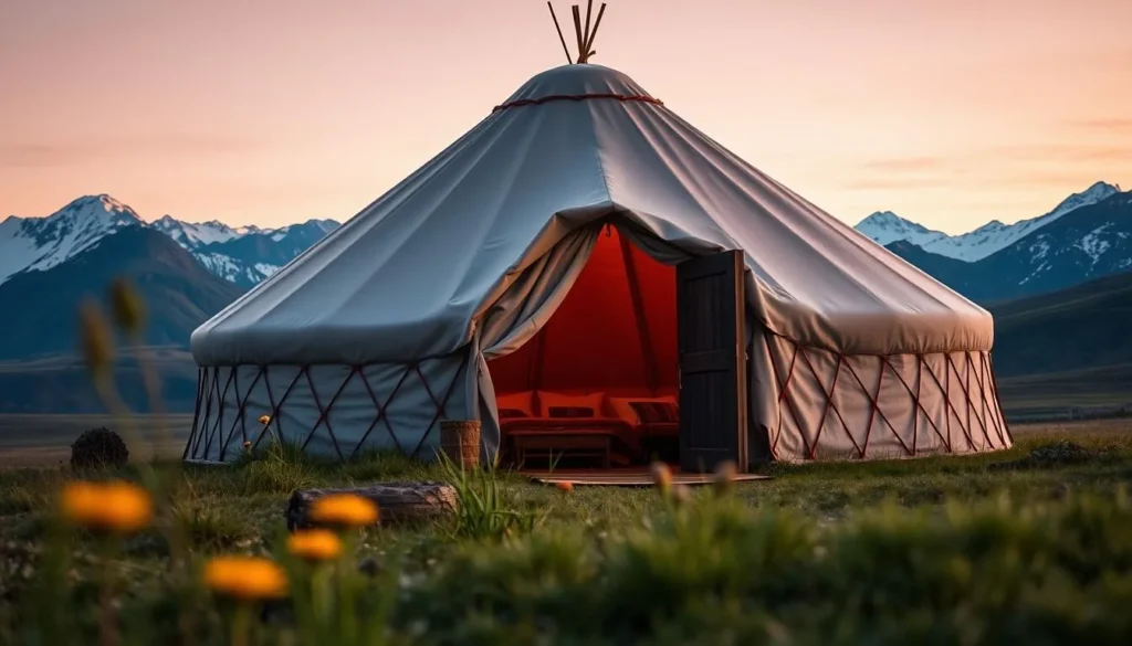 Traditional Tuvan yurt accommodation with mountains in background Traditional Tuvan yurt accommodation with mountains in background