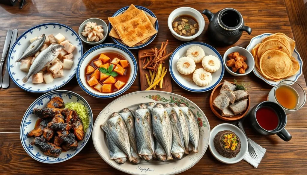 Traditional Yakutian dishes including stroganina (frozen fish) and meat dishes