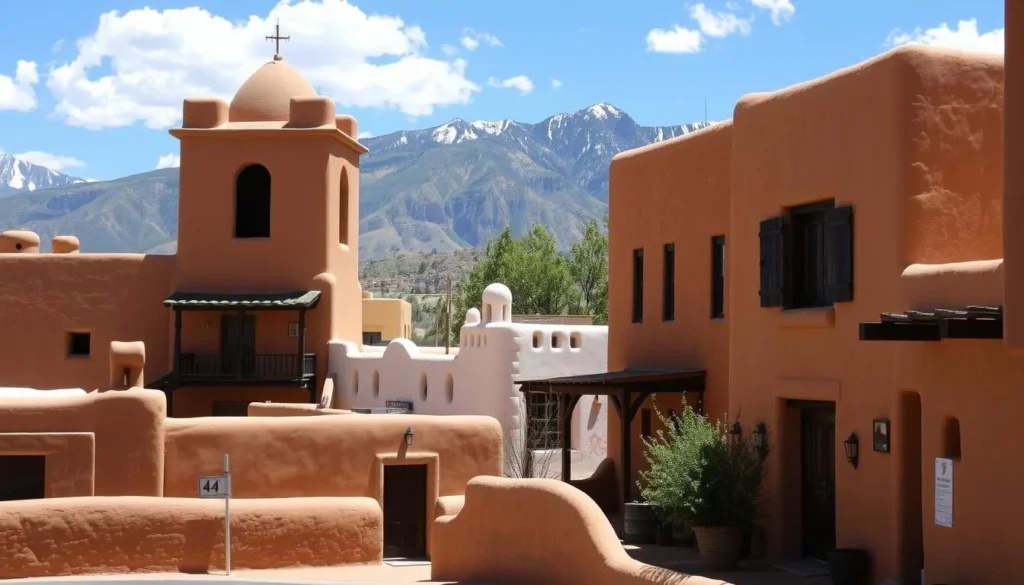 Traditional adobe architecture in Taos near Latir Peak Wilderness with mountain backdrop Traditional adobe architecture in Taos near Latir Peak Wilderness with mountain backdrop