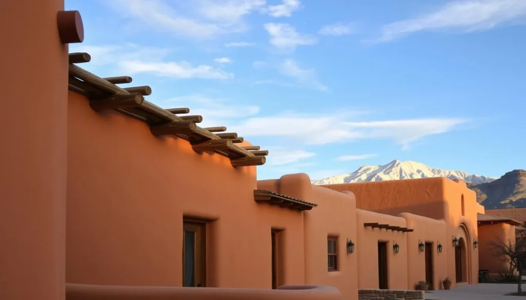Traditional adobe architecture in Taos with mountains in the background Traditional adobe architecture in Taos with mountains in the background