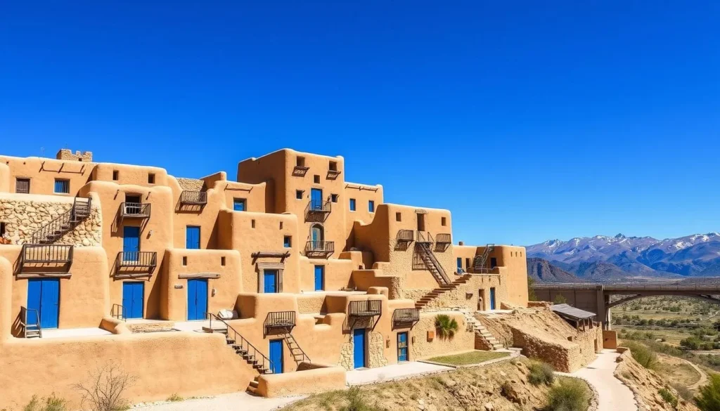 Traditional adobe architecture of Taos Pueblo near Rio Grande Gorge Bridge Traditional adobe architecture of Taos Pueblo near Rio Grande Gorge Bridge