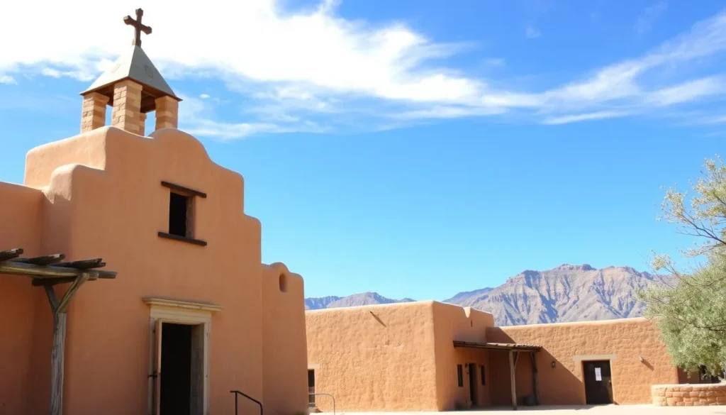 Traditional adobe architecture of a historic church in a mountain village near the Sangre de Cristo Mountains