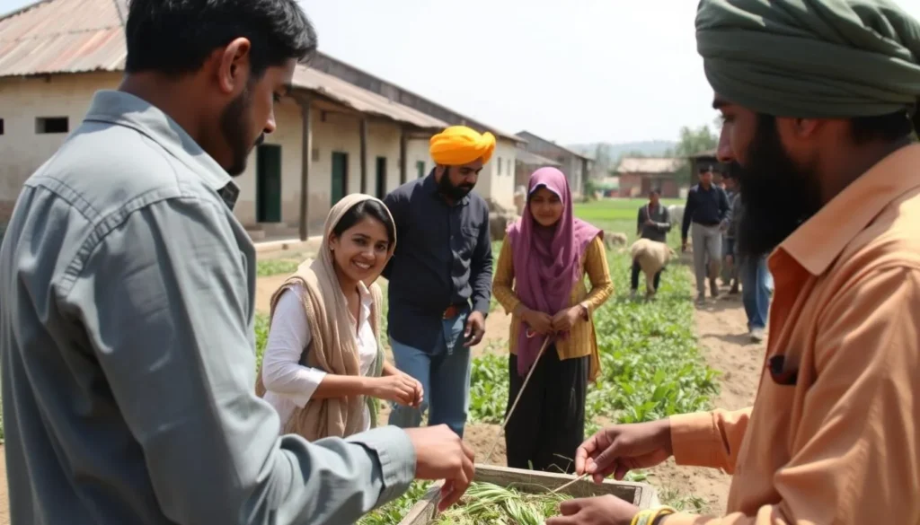 Traditional farm stay in rural Punjab with visitors participating in agricultural activities