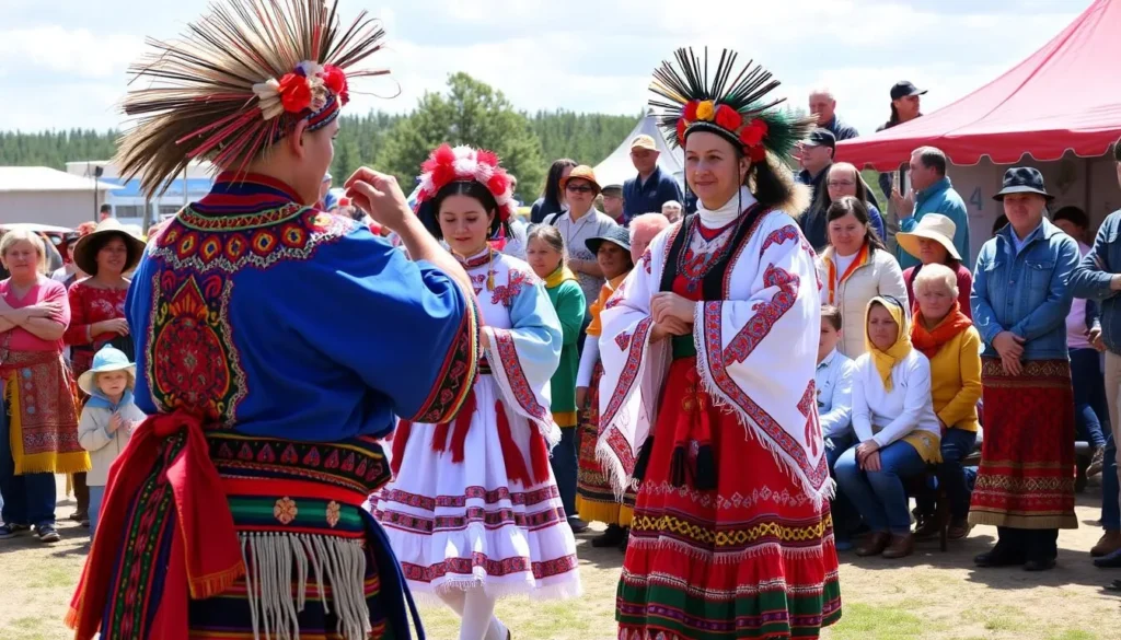 Traditional festival in Khanty-Mansi Autonomous Okrug with indigenous performers in colorful traditional clothing Traditional festival in Khanty-Mansi Autonomous Okrug with indigenous performers in colorful traditional clothing