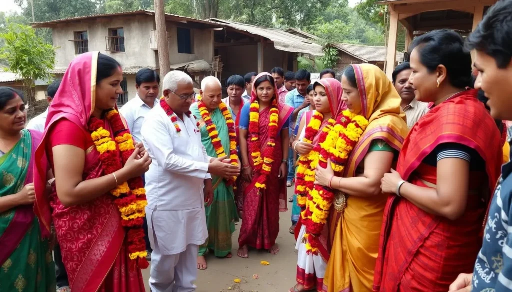 Traditional welcome ceremony in an Odishan village with flower garlands