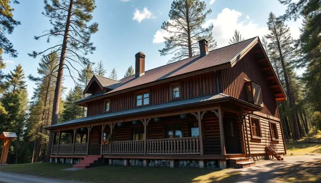 Traditional wooden guest house in Komi Republic surrounded by forest
