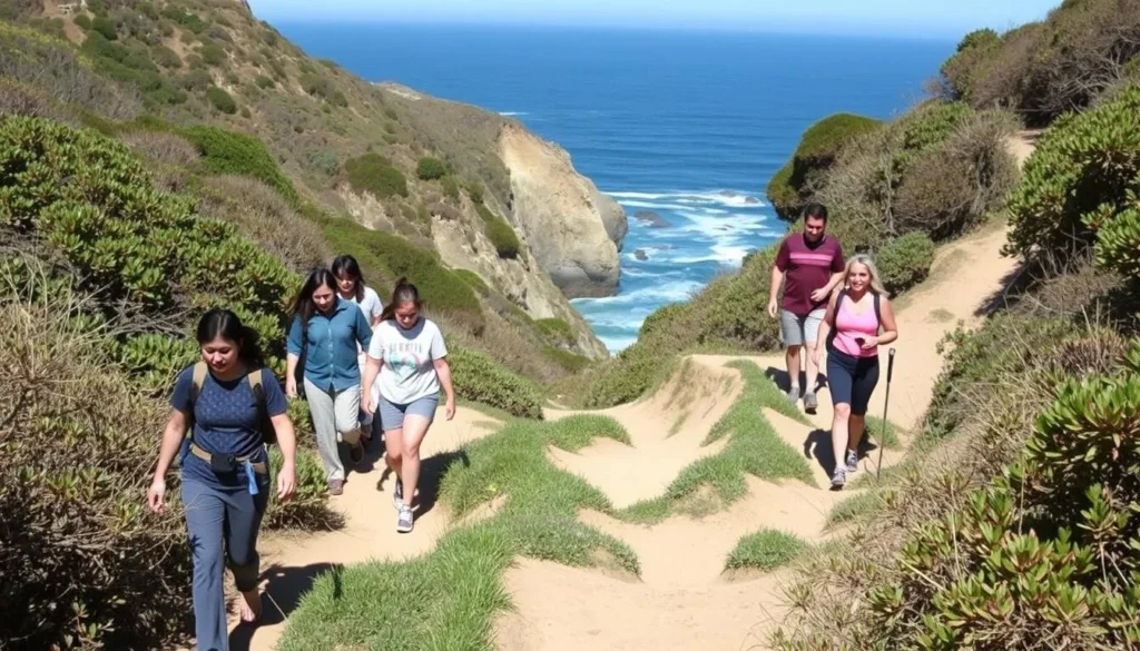 Trail leading down to Schooner Gulch State Beach California with coastal views Trail leading down to Schooner Gulch State Beach California with coastal views