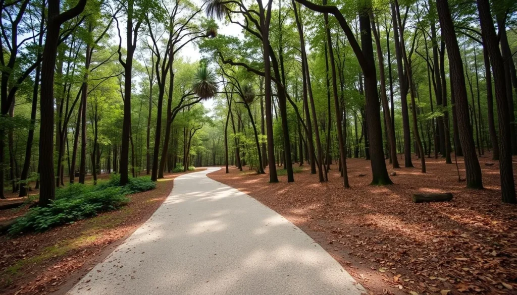 Trail system at Chemin-A-Haut State Park Louisiana showing well-maintained paths through wooded areas