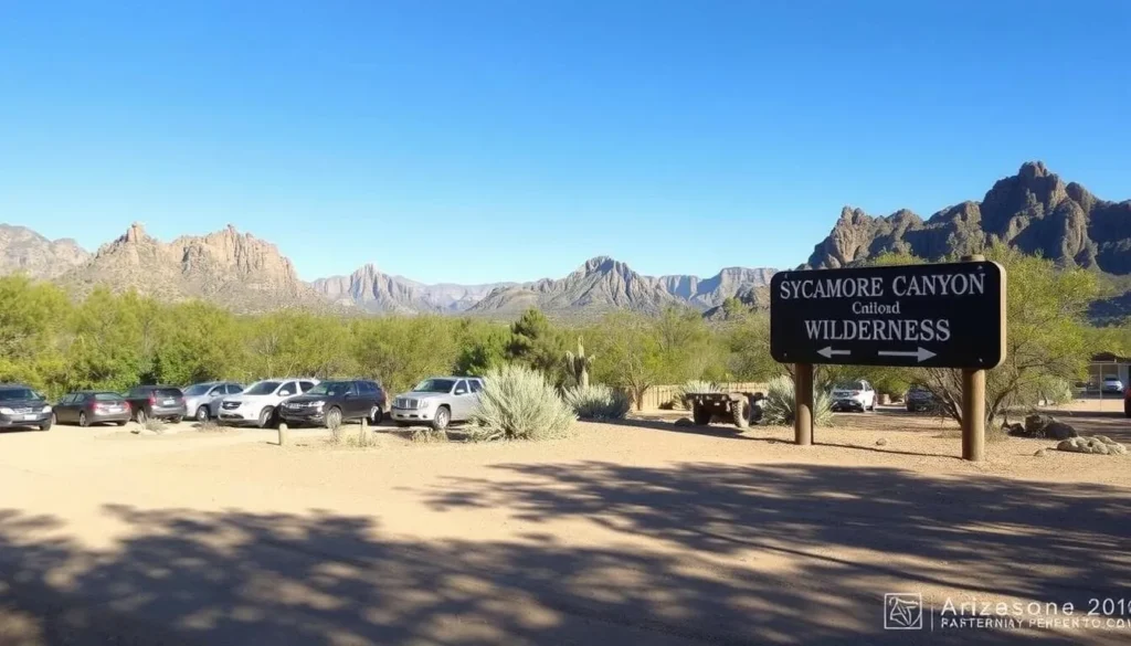 Trailhead marker for Sycamore Canyon Wilderness with mountains in background