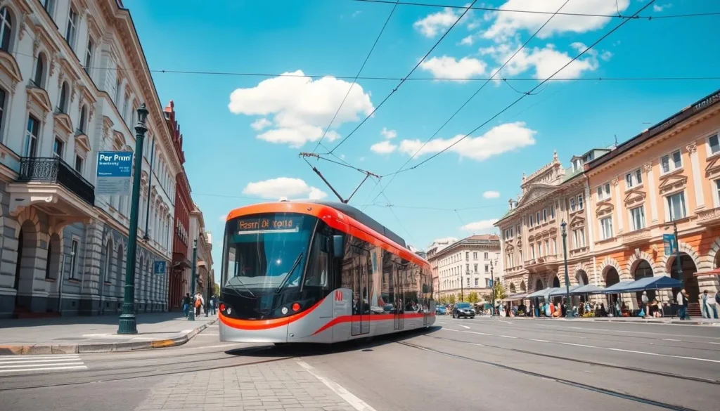 Tram running through the historic center of Perm city