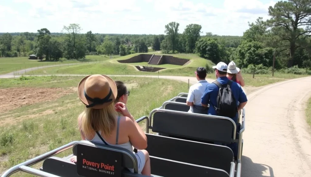 Tram tour at Poverty Point National Monument Louisiana with visitors exploring the site Tram tour at Poverty Point National Monument Louisiana with visitors exploring the site