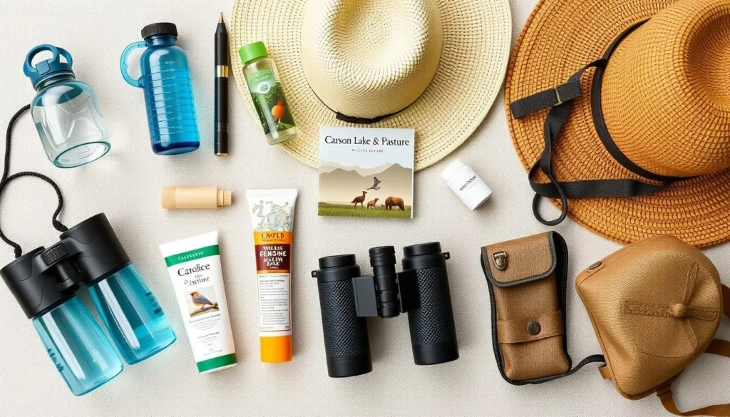 Travel essentials for visiting Carson Lake including binoculars, water bottles, and sun protection Travel essentials for visiting Carson Lake including binoculars, water bottles, and sun protection