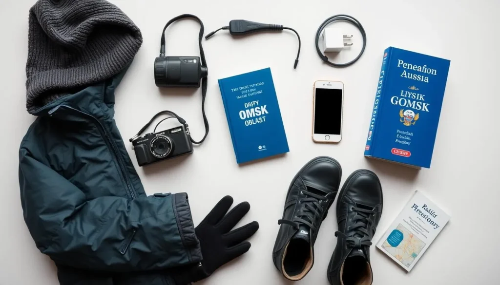 Travel essentials for visiting Omsk Oblast including warm clothing, camera, and guidebook