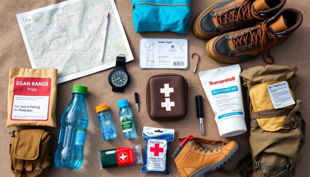Travel supplies for Egan Range trip including map, compass, water bottles, and hiking boots Travel supplies for Egan Range trip including map, compass, water bottles, and hiking boots