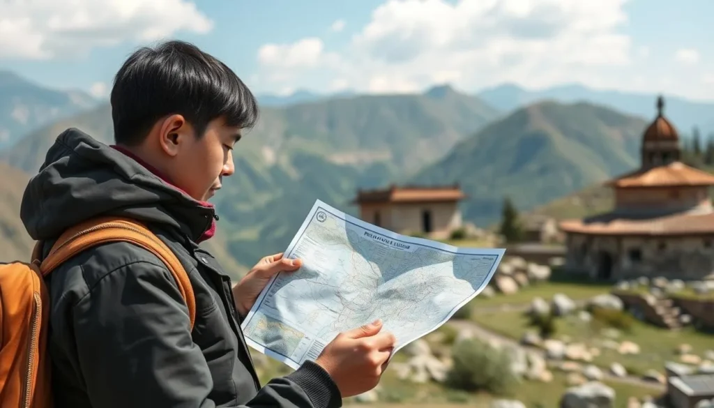 Traveler checking a map while exploring Ingushetia with mountains in background Traveler checking a map while exploring Ingushetia with mountains in background