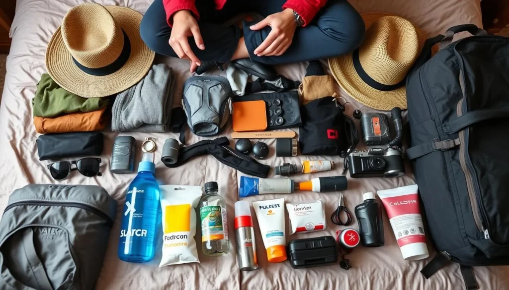 Traveler packing essential gear for Ladakh trip including warm layers, sun protection, and water bottles Traveler packing essential gear for Ladakh trip including warm layers, sun protection, and water bottles