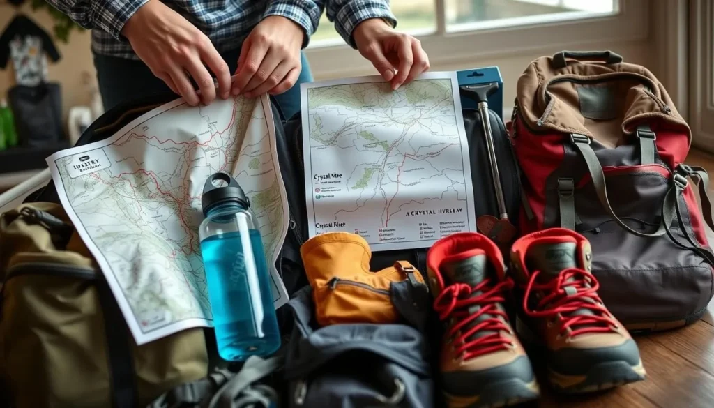 Traveler packing hiking gear with map of Crystal River area