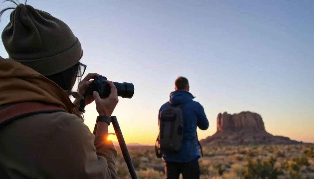 Traveler photographing Shiprock at sunset with proper camera equipment Traveler photographing Shiprock at sunset with proper camera equipment