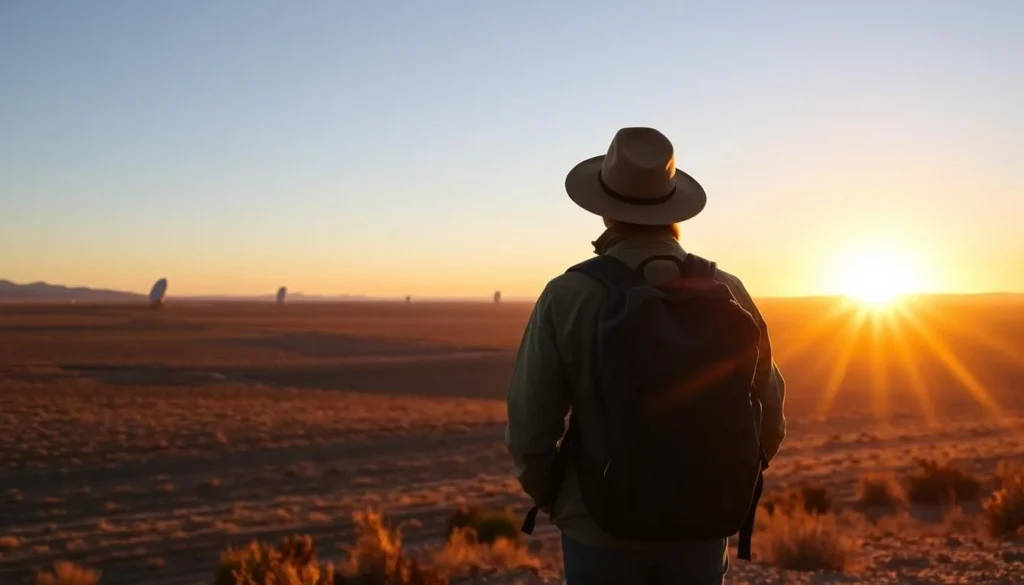 Traveler with backpack enjoying sunrise over the Plains of San Agustin Traveler with backpack enjoying sunrise over the Plains of San Agustin