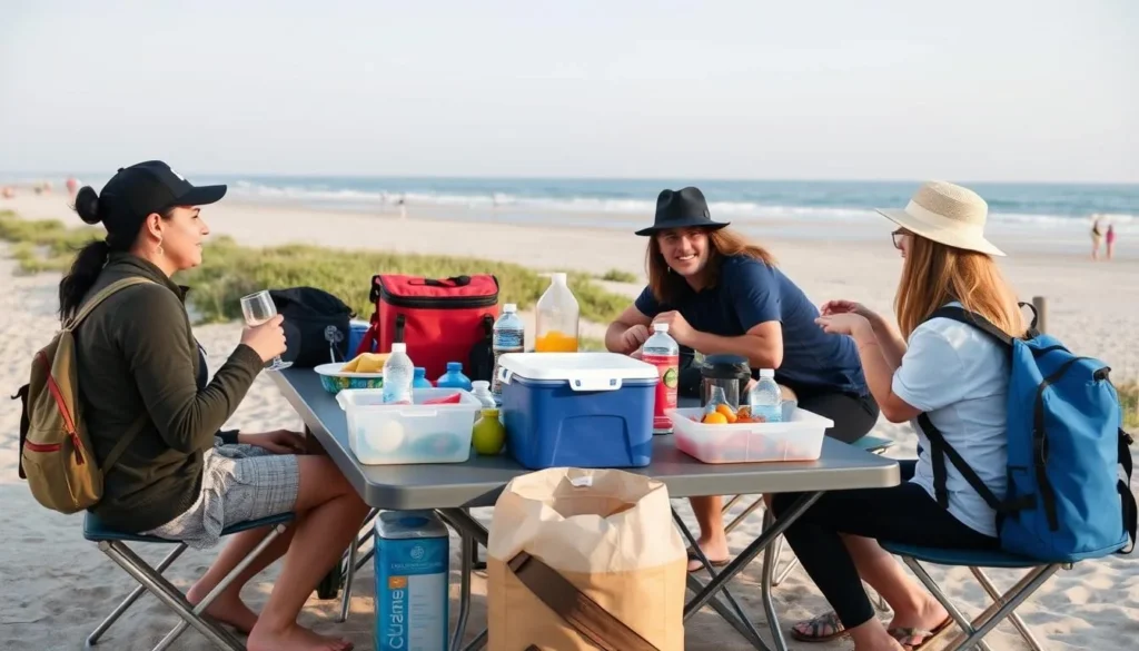 Travelers enjoying a beach picnic at Holly Beach with coolers and supplies properly organized Travelers enjoying a beach picnic at Holly Beach with coolers and supplies properly organized
