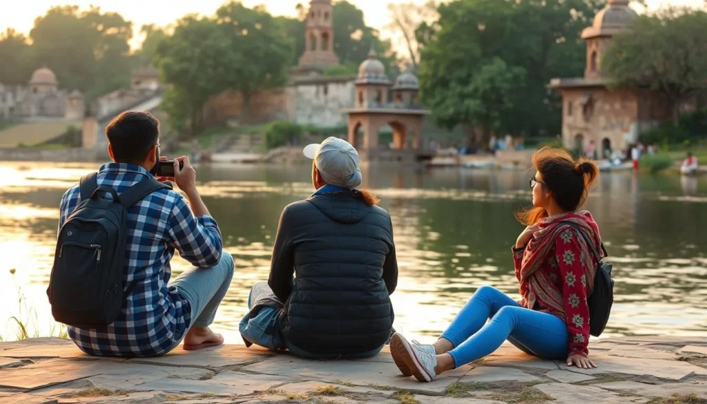 Travelers enjoying a peaceful evening by the Betwa River in Orchha