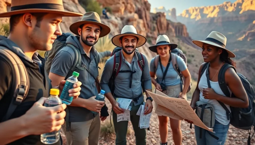 Travelers preparing for a day at Salt River Canyon with proper gear including water bottles, sun protection, and maps