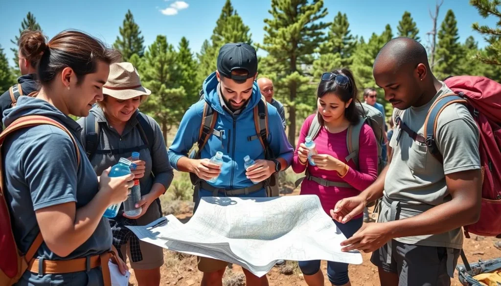 Travelers preparing for a day hike on the Mogollon Rim with proper gear and maps Travelers preparing for a day hike on the Mogollon Rim with proper gear and maps