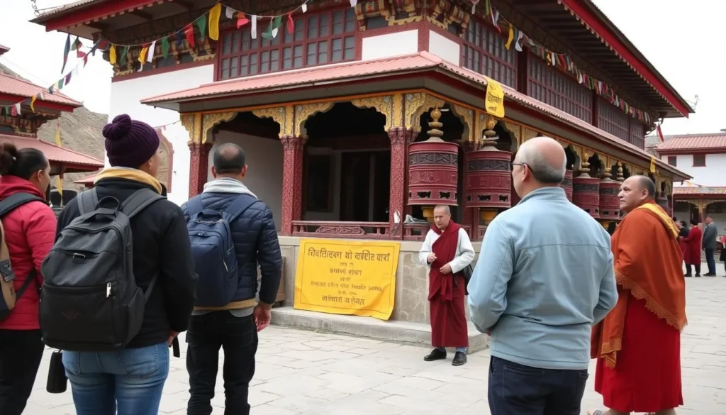 Travelers respectfully visiting a Buddhist monastery in Ladakh with local monks and prayer wheels Travelers respectfully visiting a Buddhist monastery in Ladakh with local monks and prayer wheels