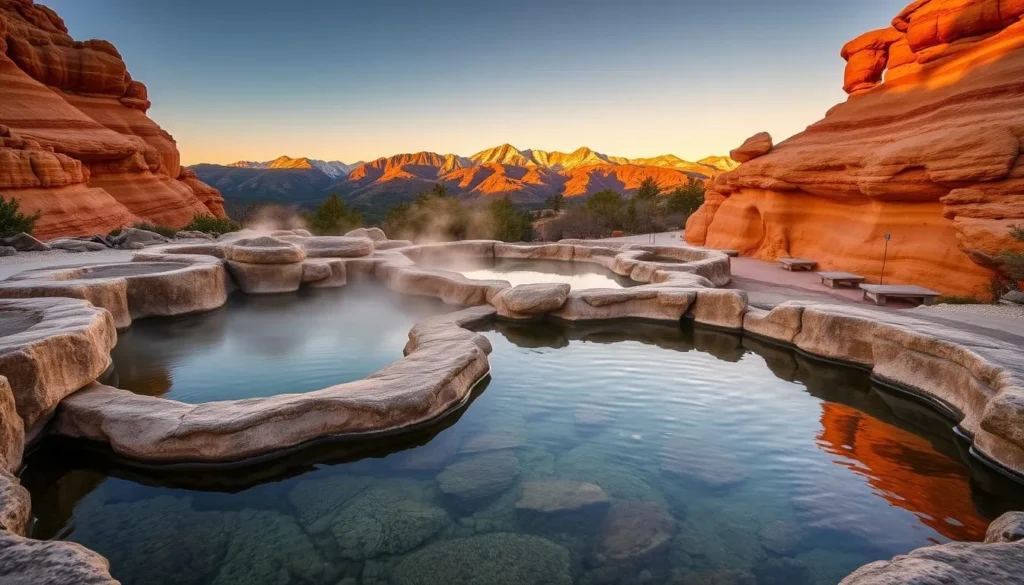 Travertine Hot Springs at sunset with golden light on the Sierra Nevada mountains Travertine Hot Springs at sunset with golden light on the Sierra Nevada mountains