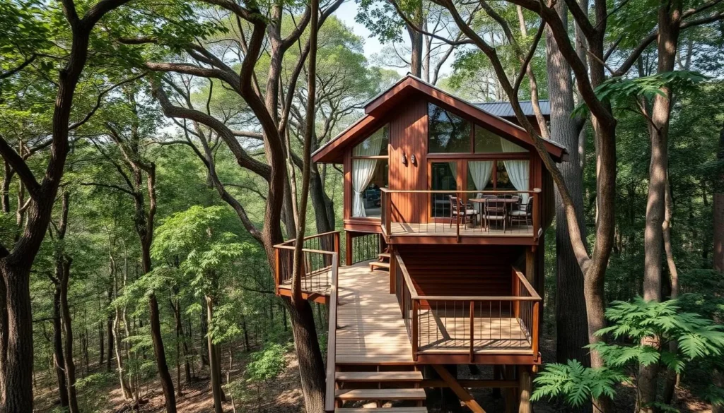 Treehouse accommodation at Pench Tree Lodge surrounded by forest