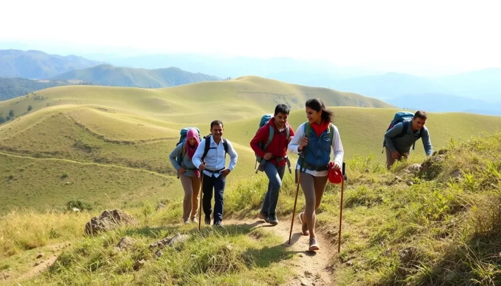 Trekkers enjoying a scenic trail in Morni Hills with mountain views Trekkers enjoying a scenic trail in Morni Hills with mountain views