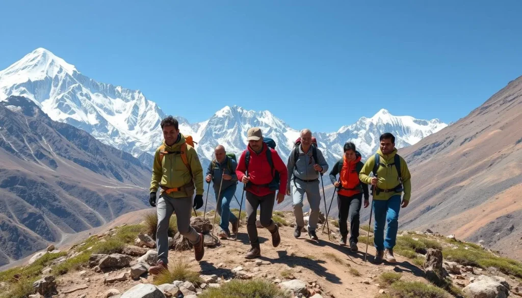 Trekkers hiking through the Himalayan mountains with snow-capped peaks in the background