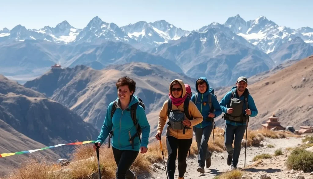 Trekkers hiking through the dramatic mountain landscape of Ladakh with colorful prayer flags and distant monastery views Trekkers hiking through the dramatic mountain landscape of Ladakh with colorful prayer flags and distant monastery views