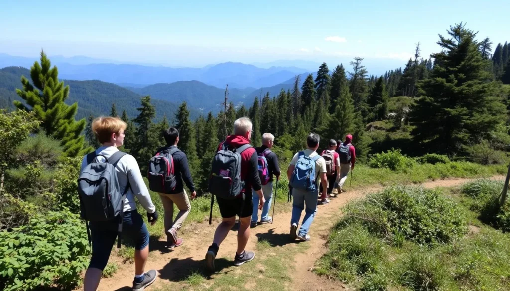 Trekkers on a scenic trail near Itanagar with views of valleys and mountains