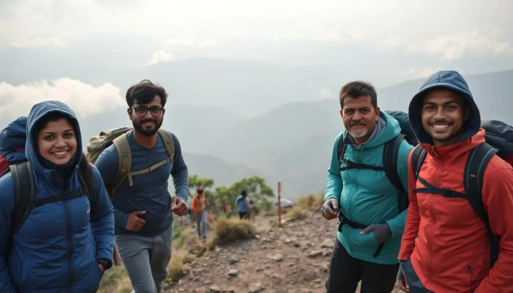 Trekkers on a trail in Tadiandamol Peak with misty mountains in the background