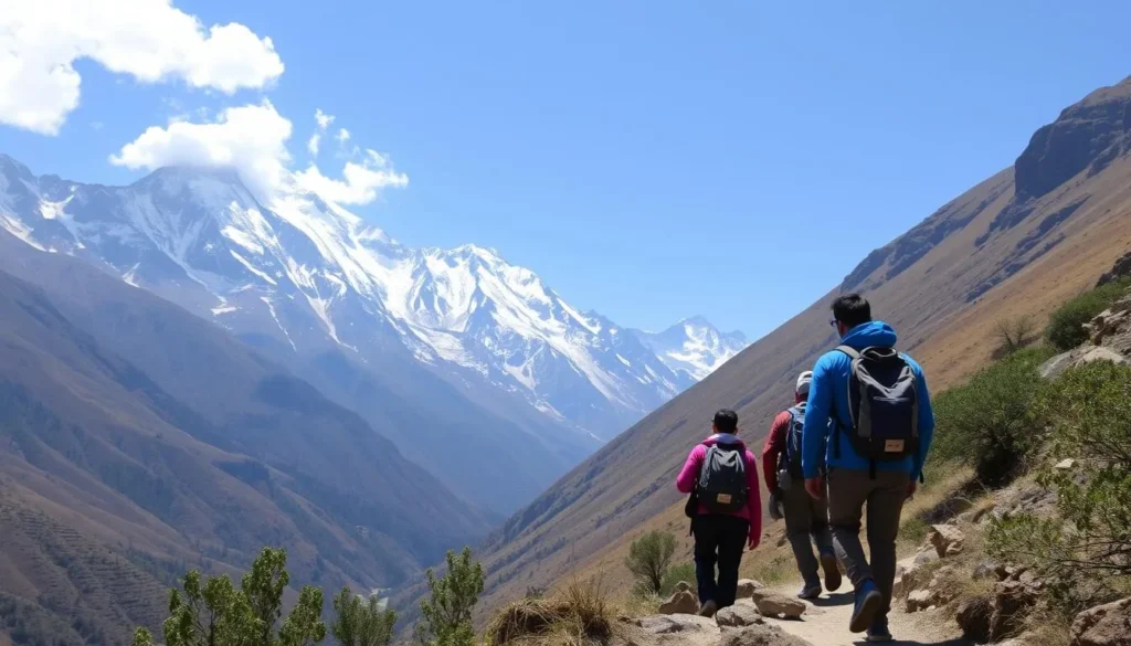 Trekkers on the Markha Valley trail with stunning mountain backdrop and clear blue sky Trekkers on the Markha Valley trail with stunning mountain backdrop and clear blue sky