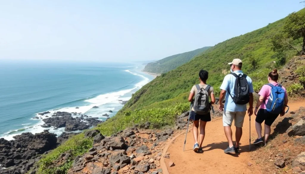 Trekkers on the coastal path between beaches in Gokarna with scenic ocean views
