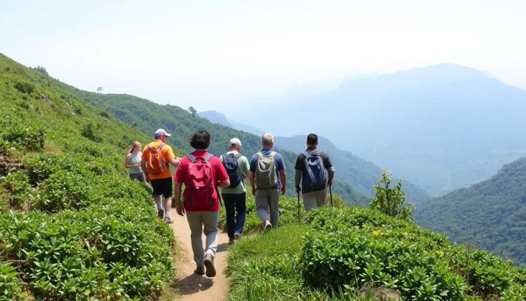Trekkers on the trail to Japfu Peak with mountain views