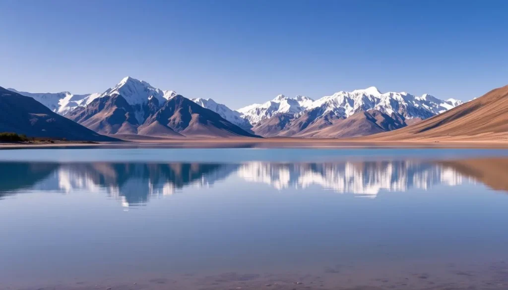 Tso Moriri Lake surrounded by snow-capped mountains with clear reflections in the water Tso Moriri Lake surrounded by snow-capped mountains with clear reflections in the water