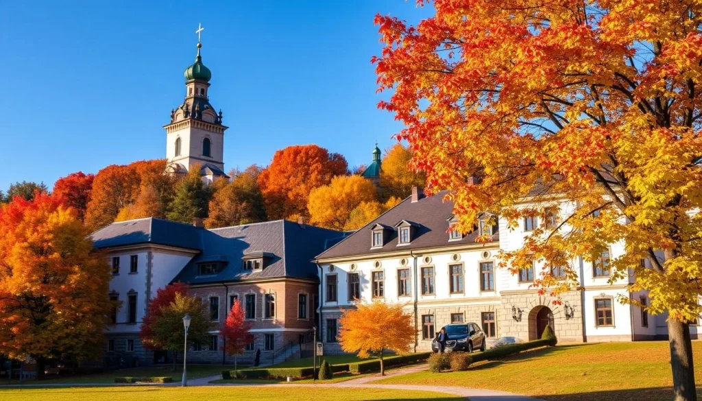 Tula Oblast in autumn with colorful fall foliage, historic buildings, and clear blue skies