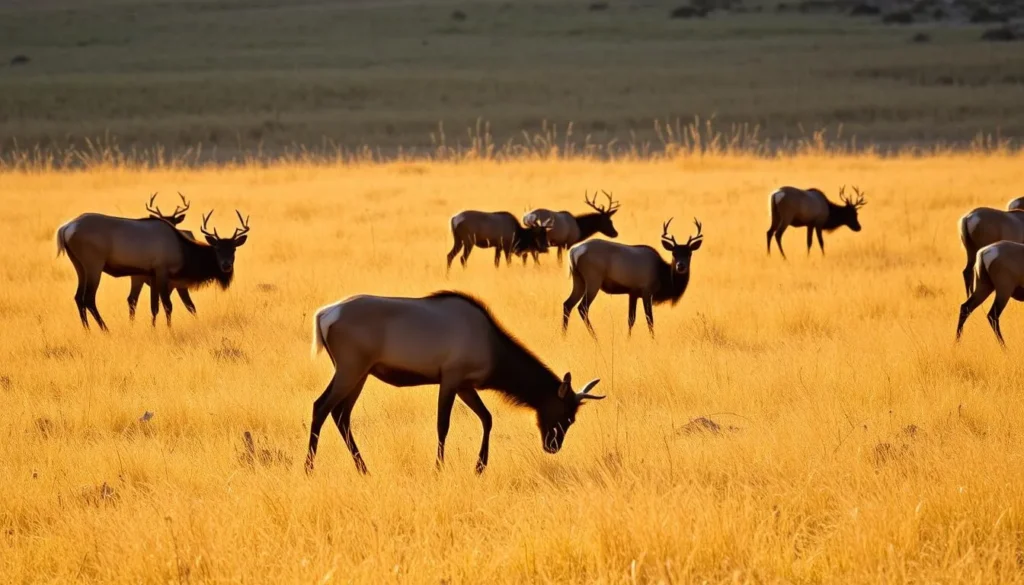Tule elk grazing in the early morning light at the reserve with golden grass and soft lighting Tule elk grazing in the early morning light at the reserve with golden grass and soft lighting