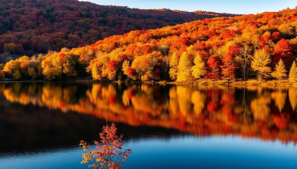 Tuscarora Lake in autumn with vibrant fall foliage reflecting in the water, showcasing the best time to visit for nature photography