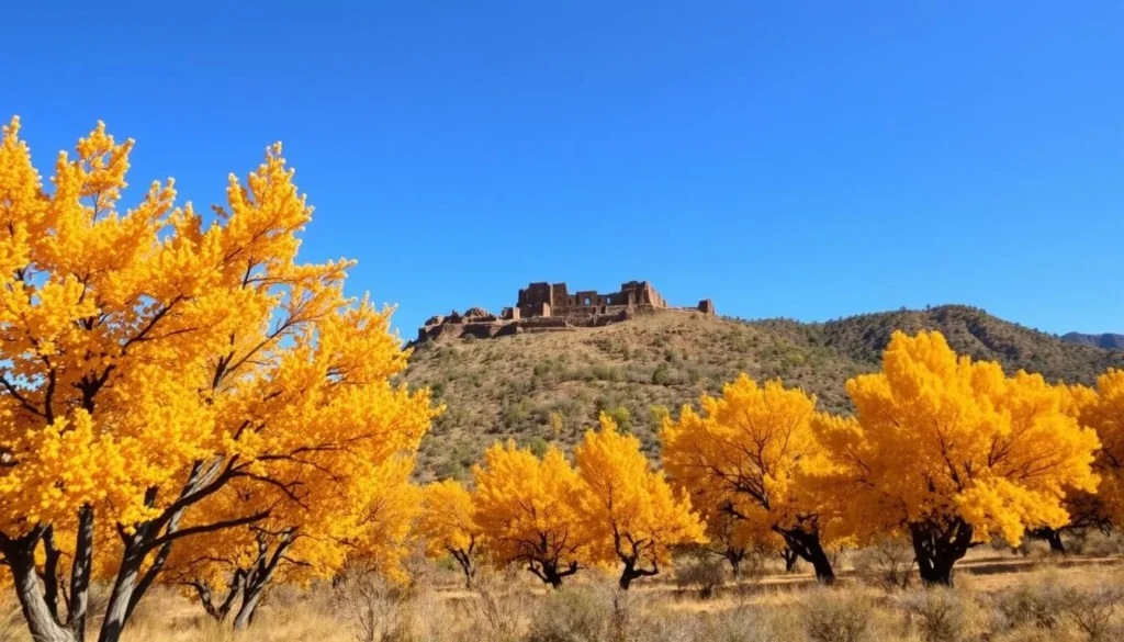 Tuzigoot National Monument Arizona in fall with colorful cottonwood trees in the Verde Valley