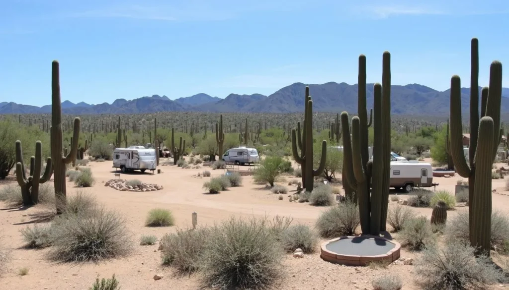 Twin Peaks Campground with desert landscape and mountains in the background