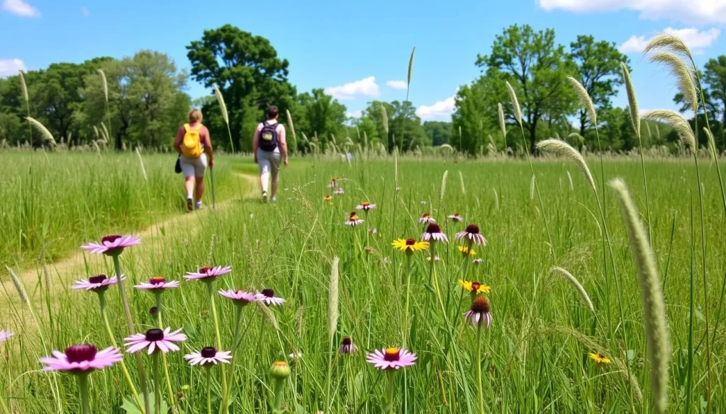 Two hikers walking through a prairie restoration area at Walnut Point State Park with wildflowers in bloom Two hikers walking through a prairie restoration area at Walnut Point State Park with wildflowers in bloom